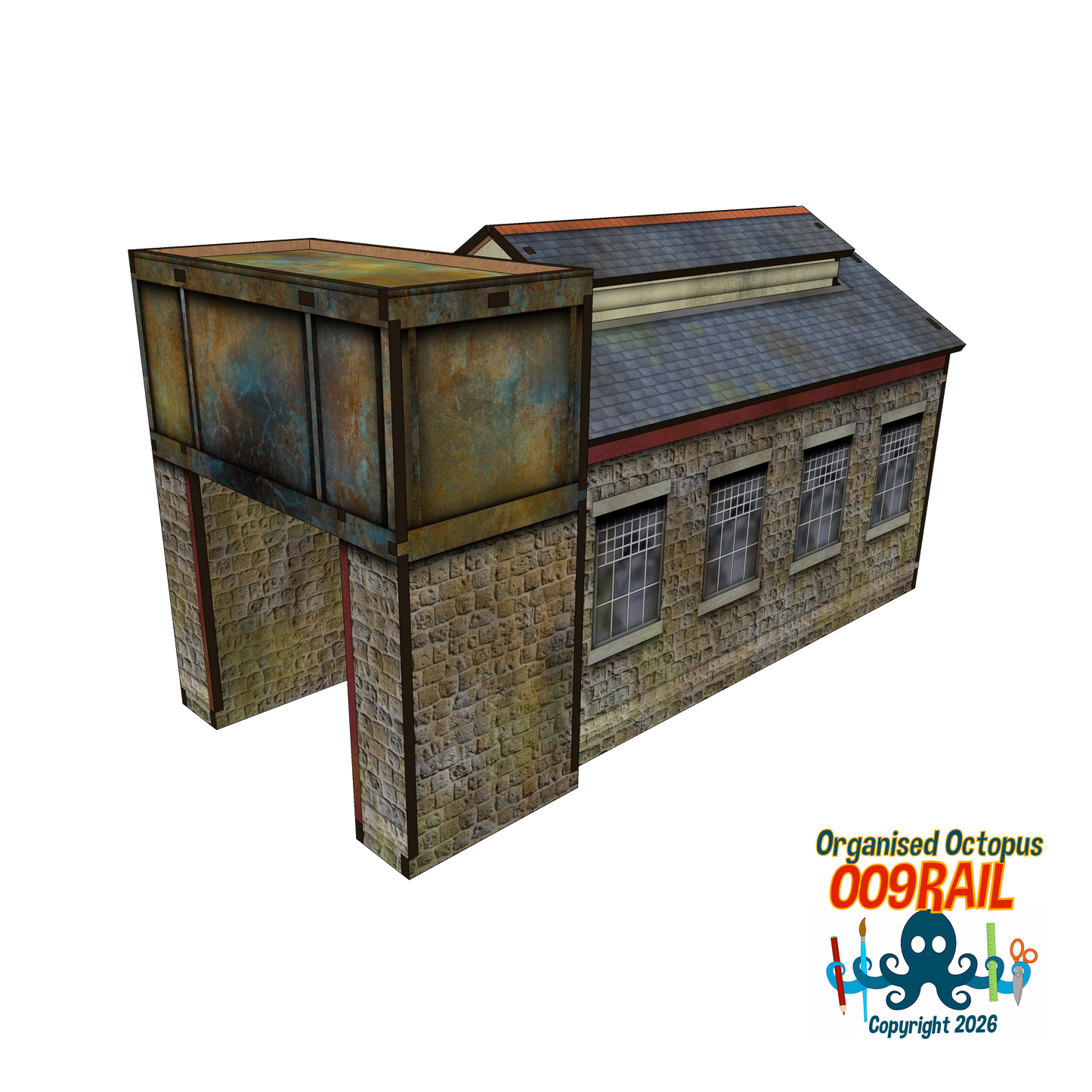 OO-9 Scale Engine Shed-Goods Shed with Water Tower