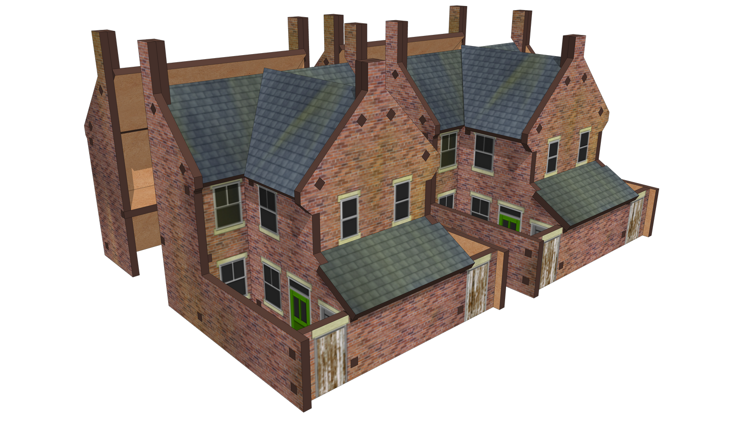 N Scale Low Relief Semi-Detached Houses with Extensions with Lean Too and Yards