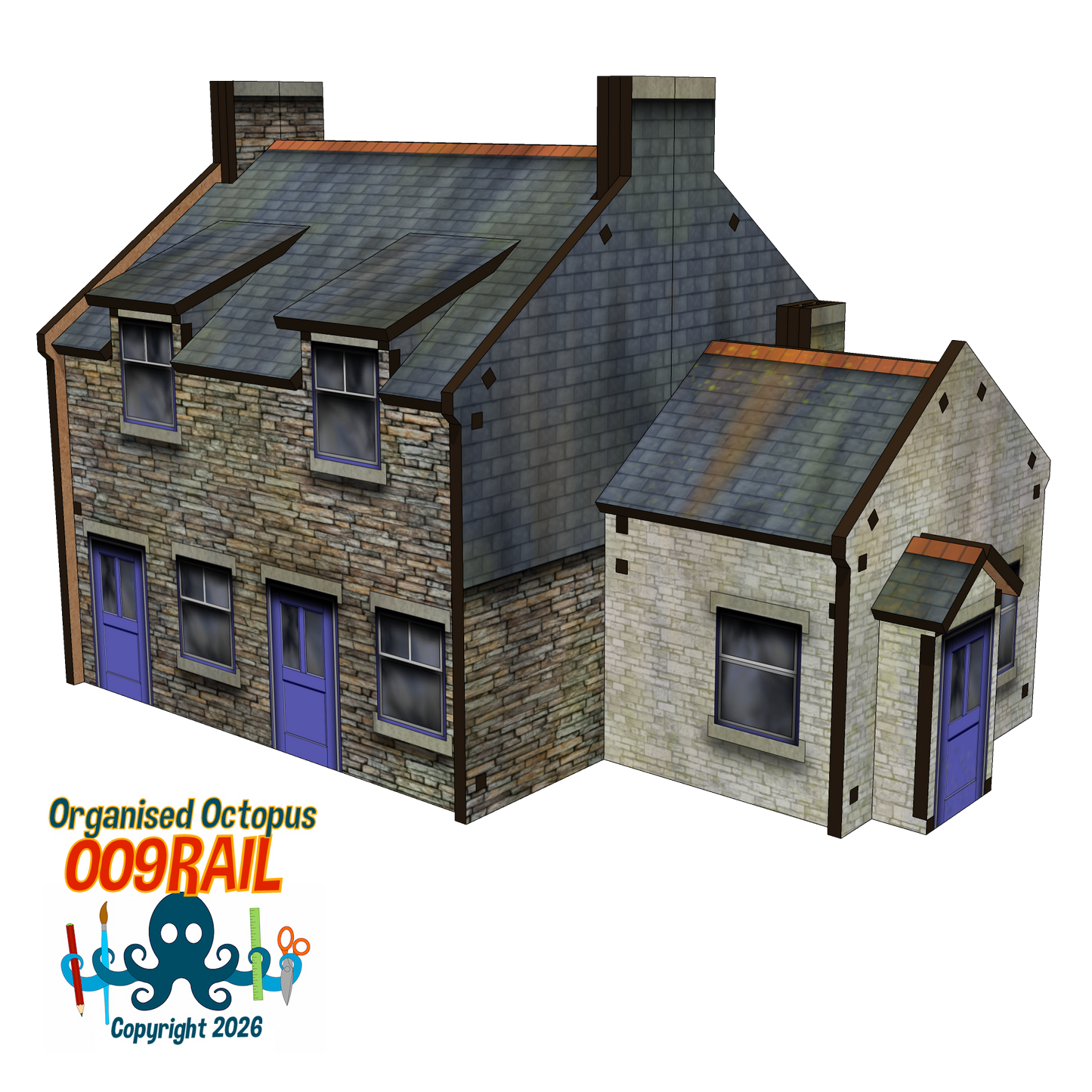 OO-9 Scale Whitewashed Stone Gable End Cottage