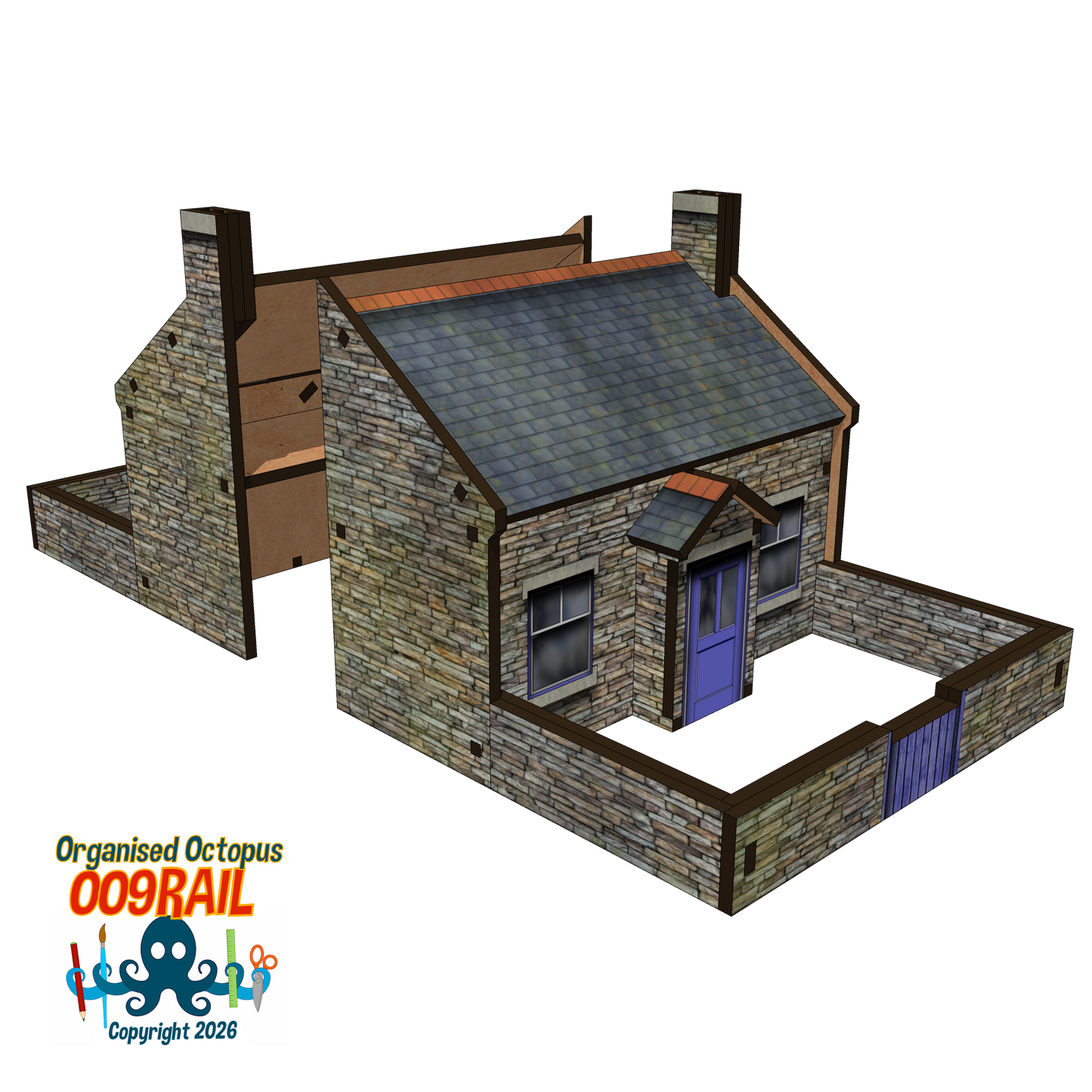 OO-9 Scale Stone Cottage with Garden Wall
