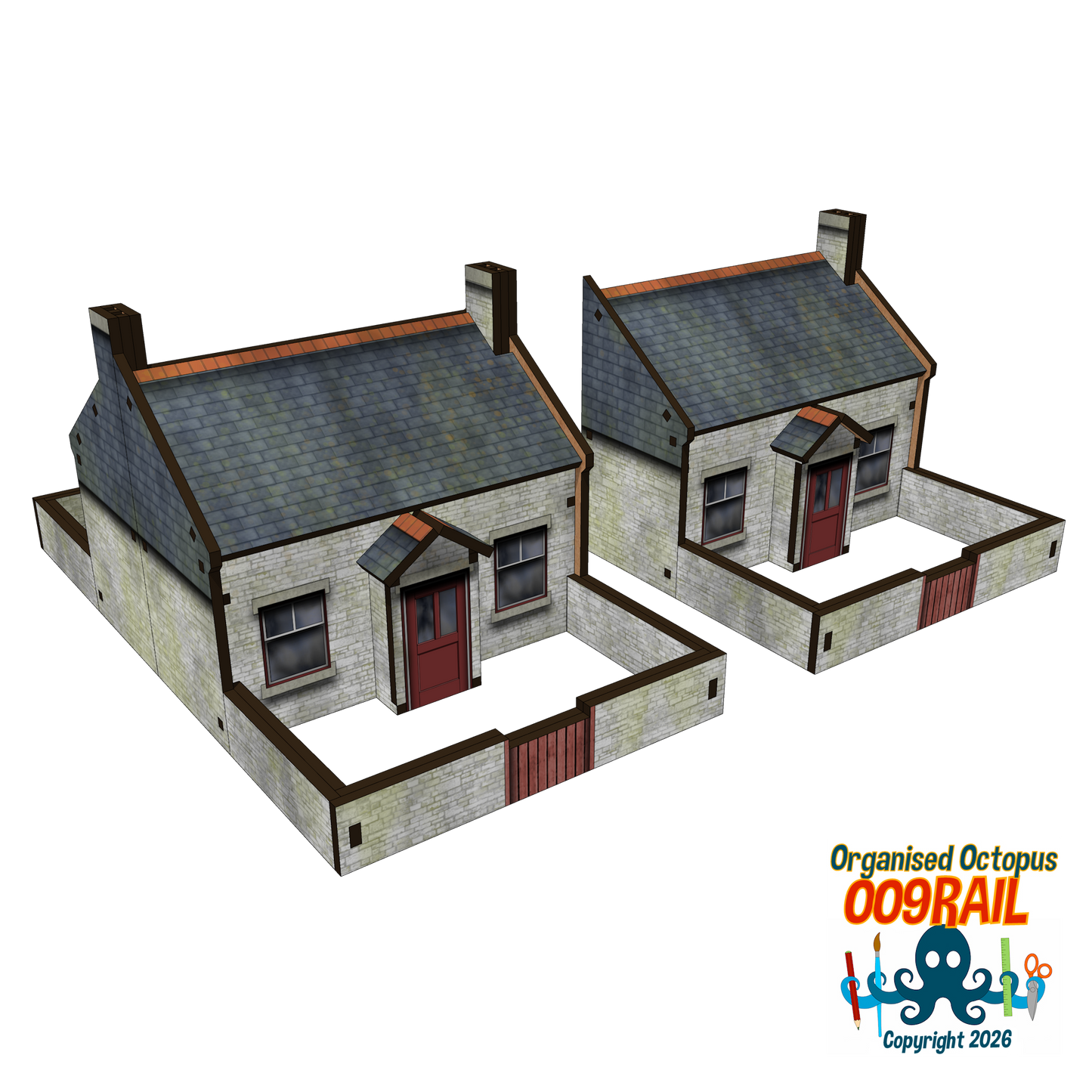 OO-9 Scale Whitewash Stone and Slate Cottage with Garden Wall