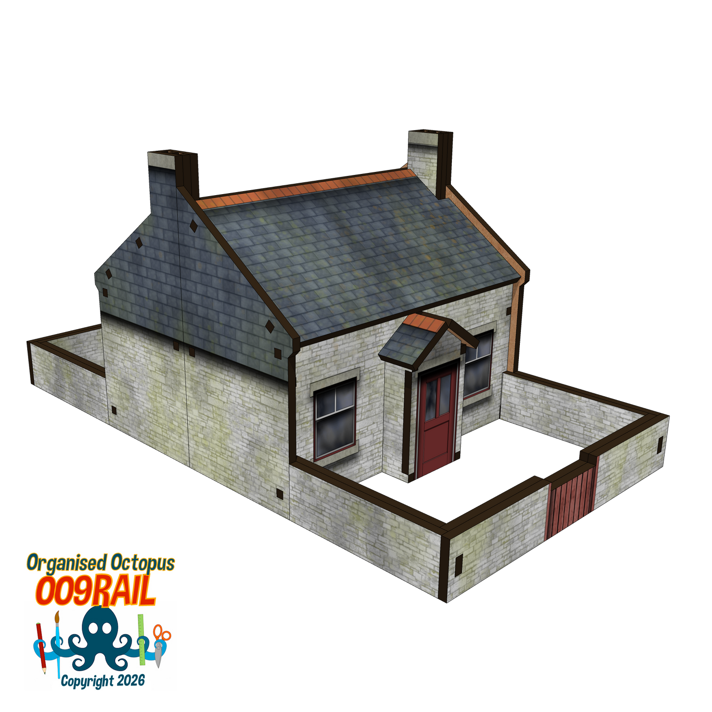 OO-9 Scale Whitewash Stone and Slate Cottage with Garden Wall