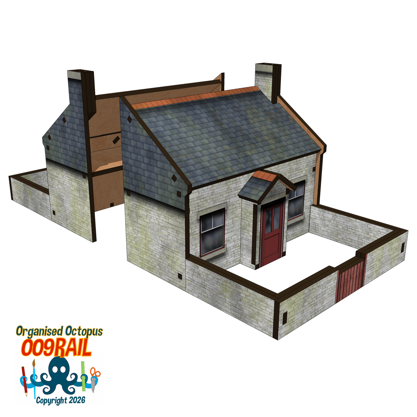 OO-9 Scale Whitewash Stone and Slate Cottage with Garden Wall