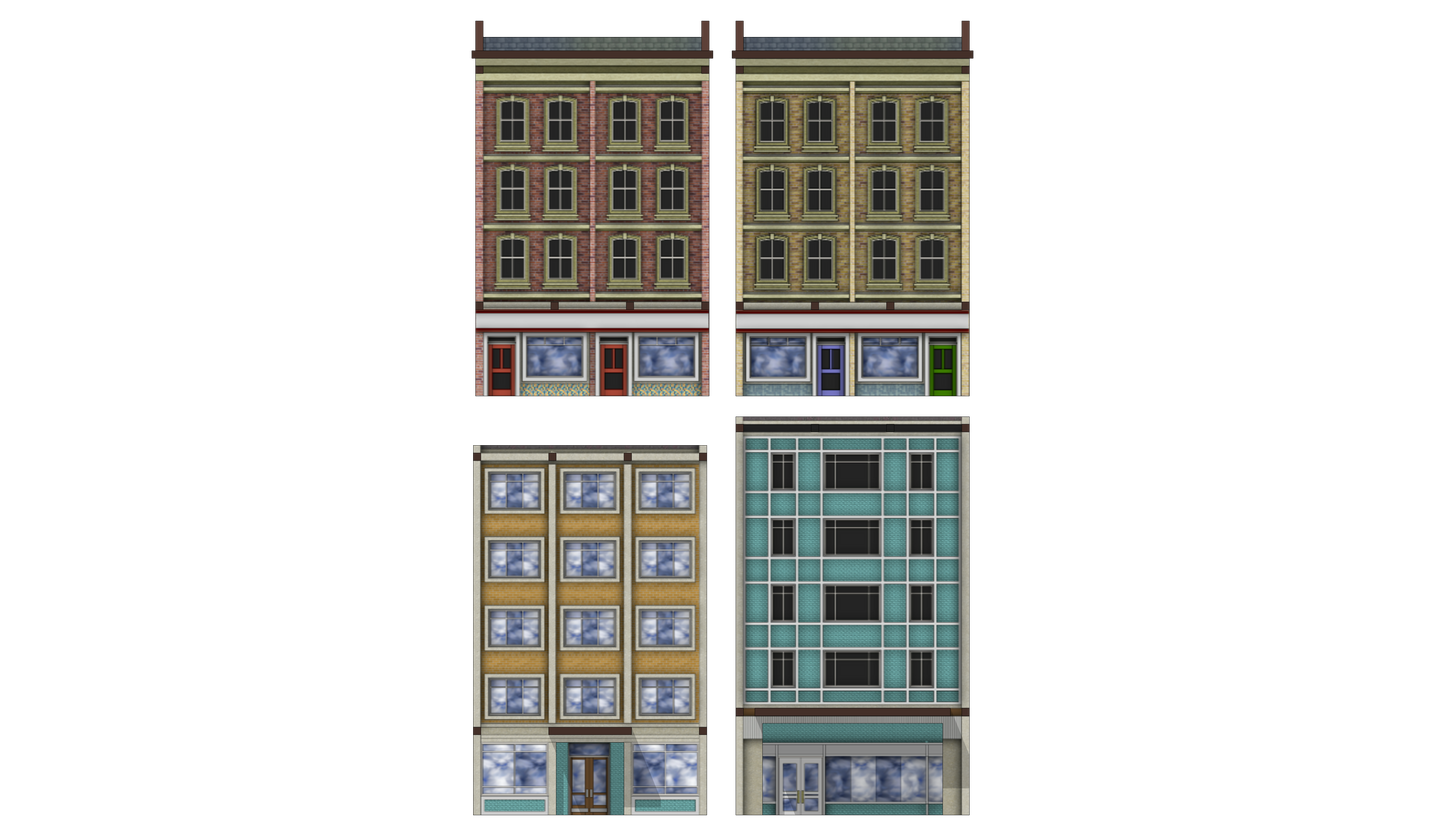 N Scale Low Relief Mixed Town High Street Buildings