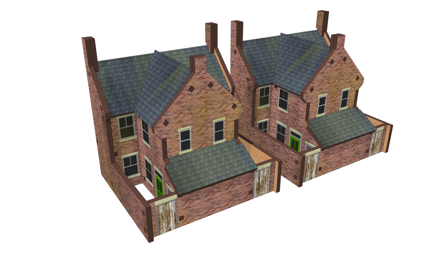 N Scale Low Relief Semi-Detached Houses with Extensions with Lean Too and Yards