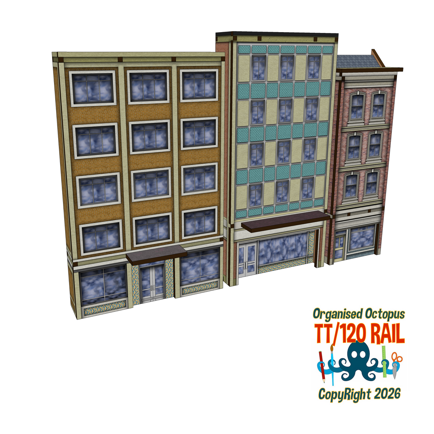 TT:120 Scale Low Relief Mixed Town High Street Buildings