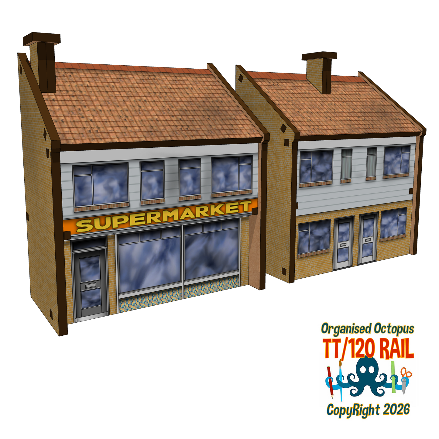 TT:120 Scale Low Relief Supemarket and House