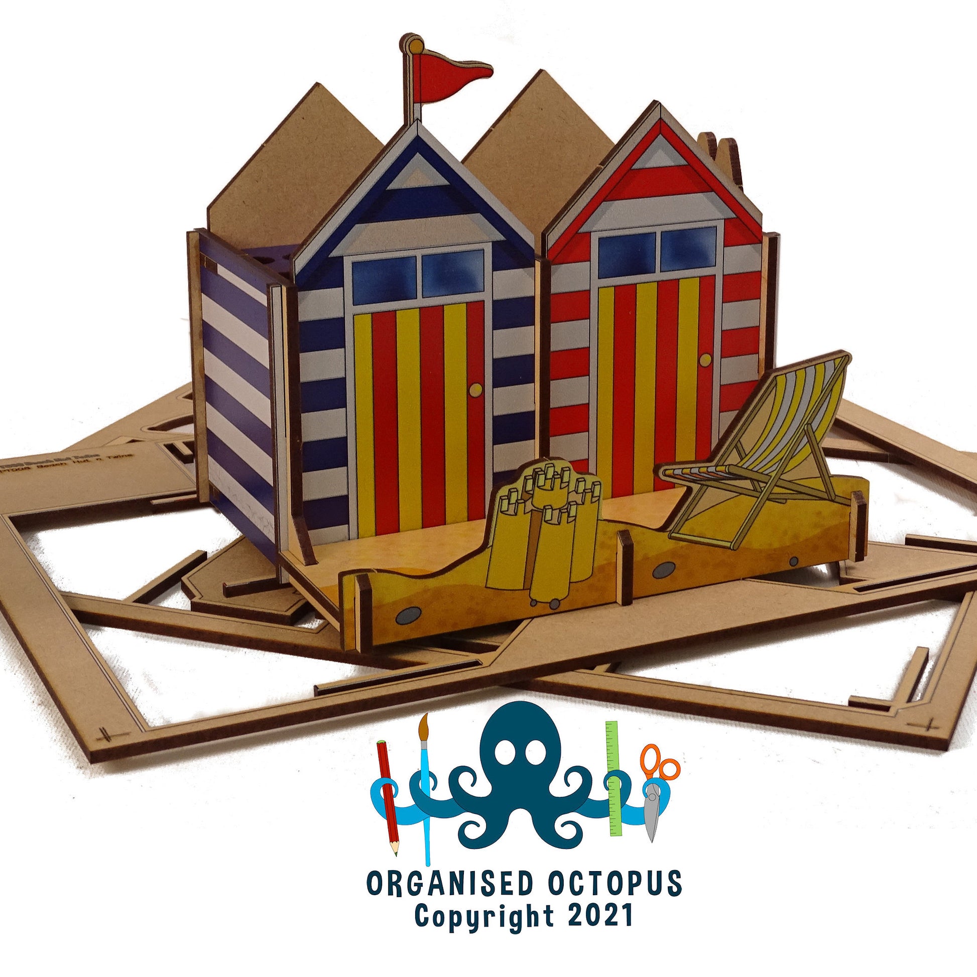 2 Beach Huts, Sand Castle and Deck Chair